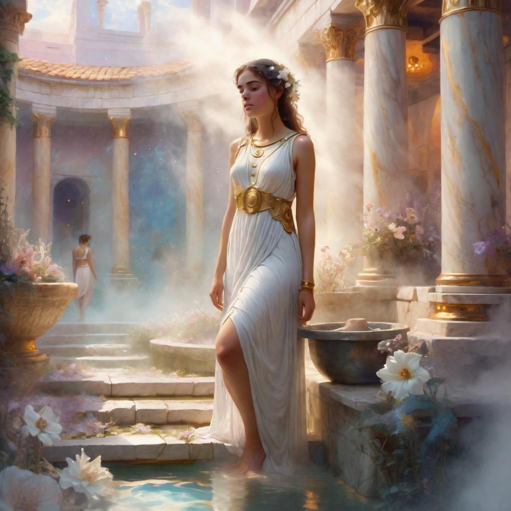 Young Women in tunic  in a Roman Bathhouse, Roman empire Fantasy World, White Dress,  Flowers, Oillamps, gold jewelry, e...