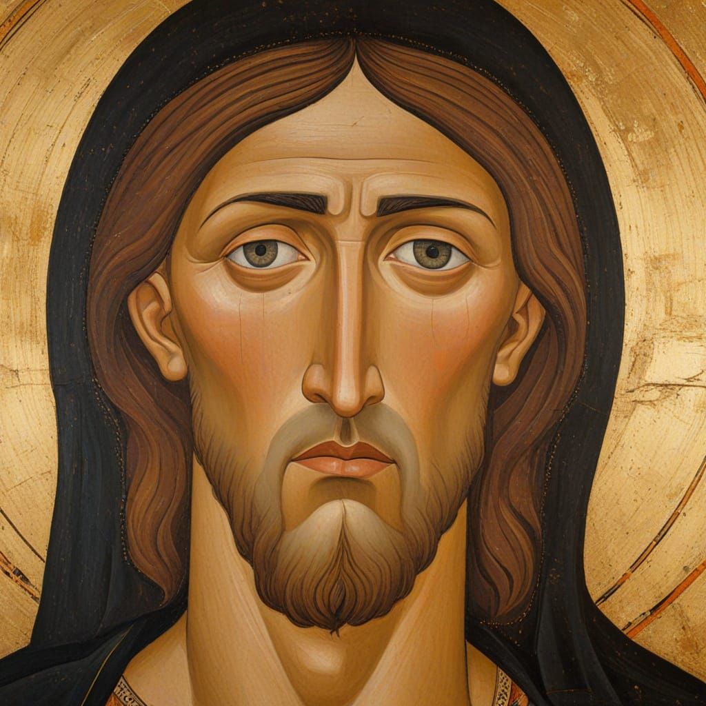 Divine Figure's Sorrowful Portrait in Fresco Style