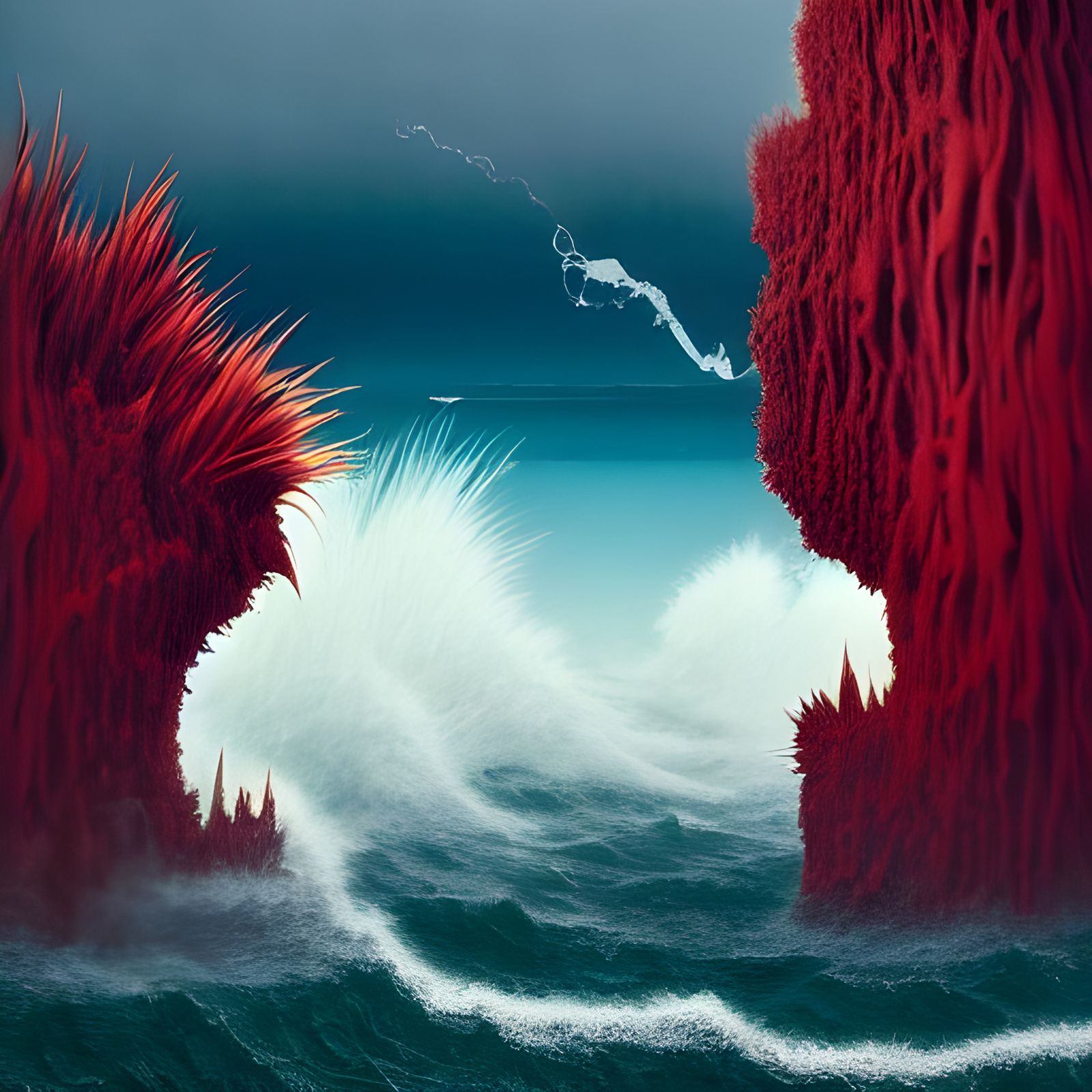 Surreal Coastline with Red Rocks and Swirling Clouds