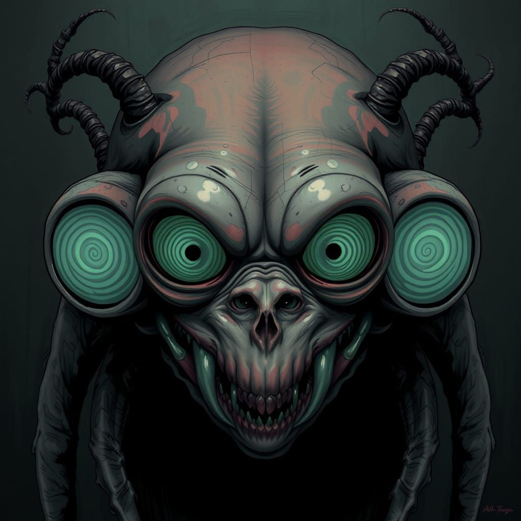 Gothic Biomechanical Horror with Iridescent Eyes