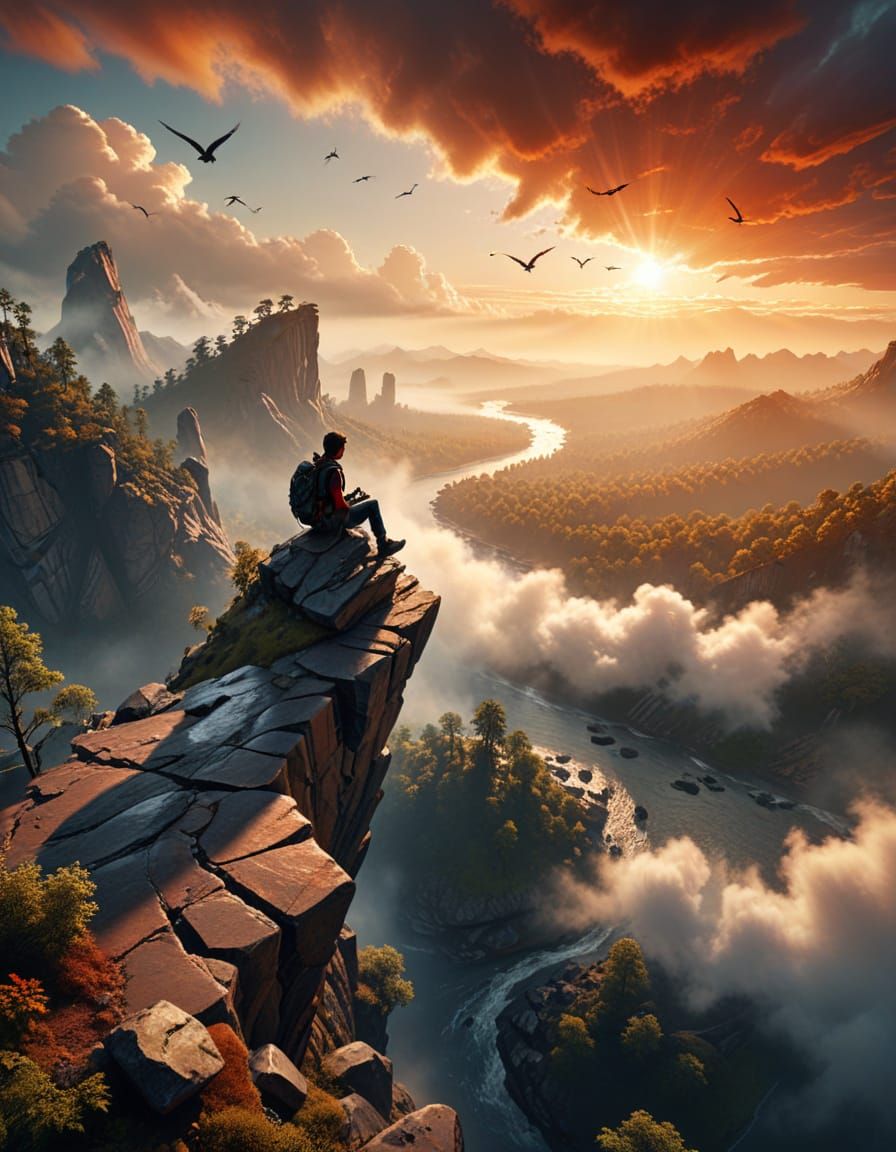 Backpacker Above Misty Forest in Golden Hour