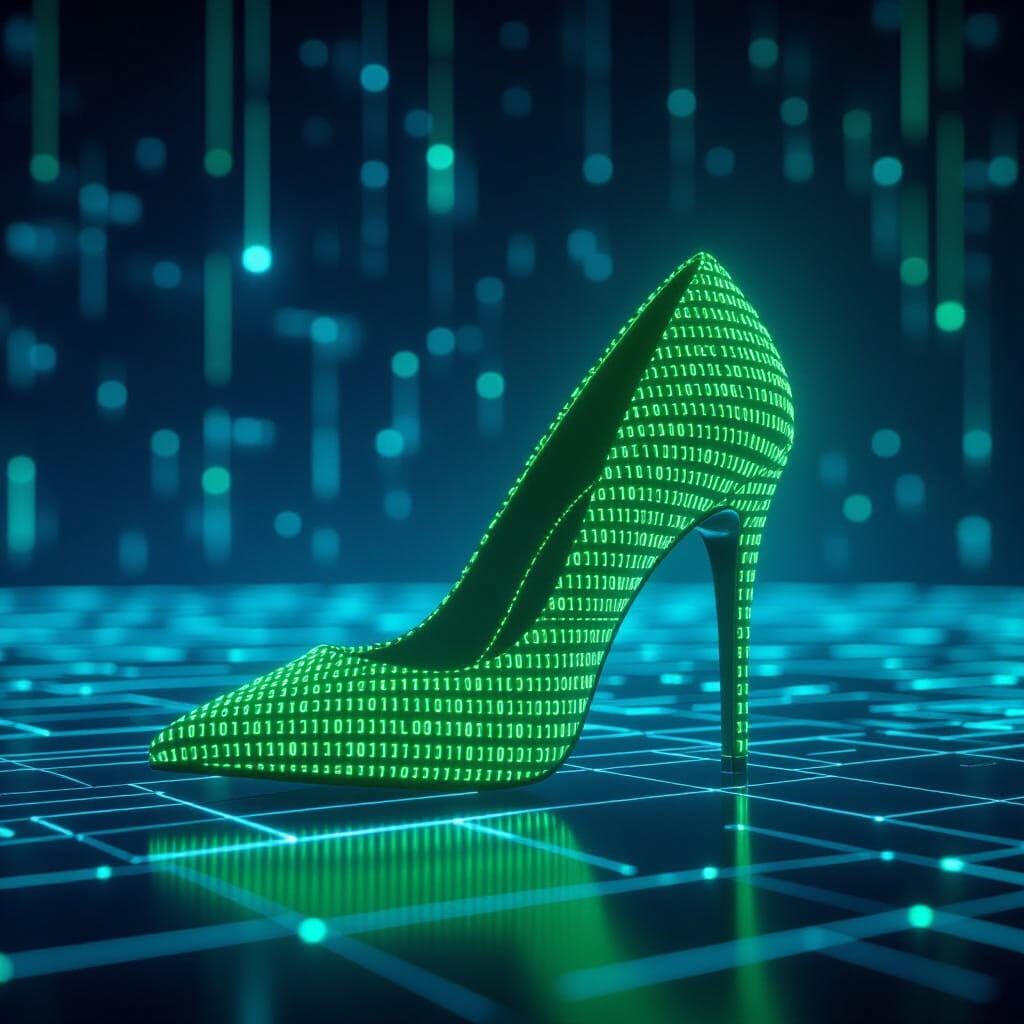 Floating Green Code High Heel in Digital Space