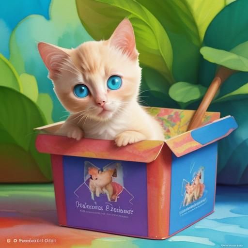 Cute Siamese Kitten in Box: 3D Digital Gouache Art