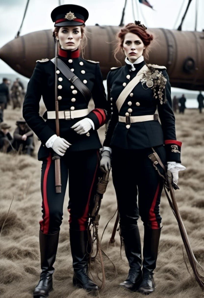 Victorian Steampunk Soldier with Airship and Flag
