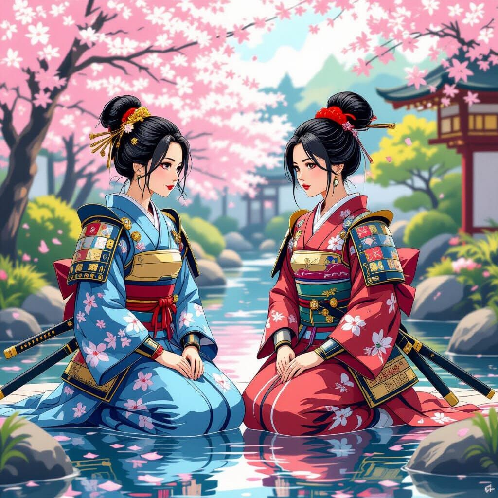 Samurai Sisters in a Cherry Blossom Garden