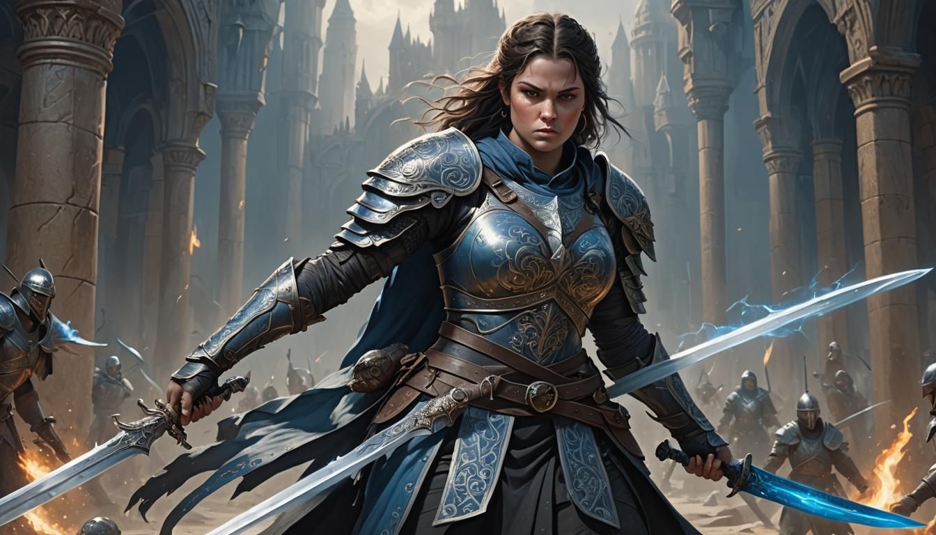 Fantasy Warrior with Glowing Sword on Battlements