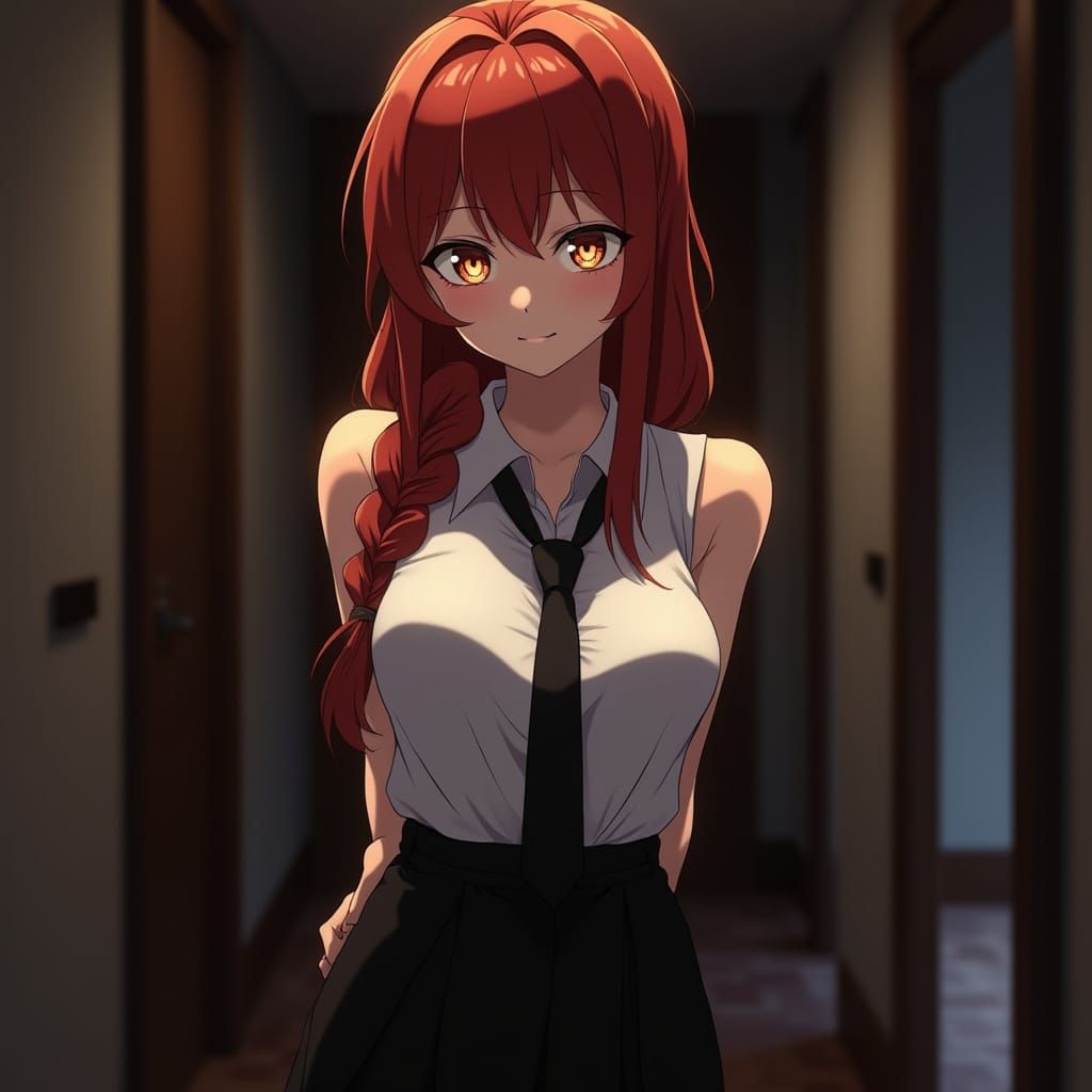 Anime Woman with Red Hair in Film Noir Style