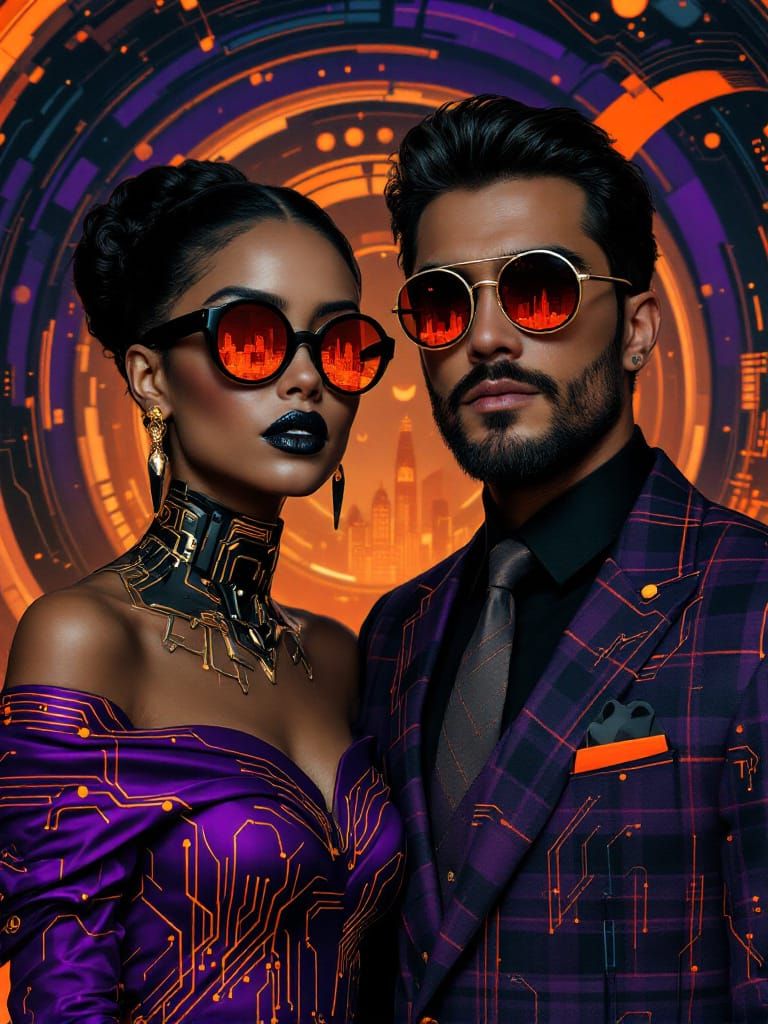 Cybernetic Couple in Futuristic Orange and Purple Cityscape