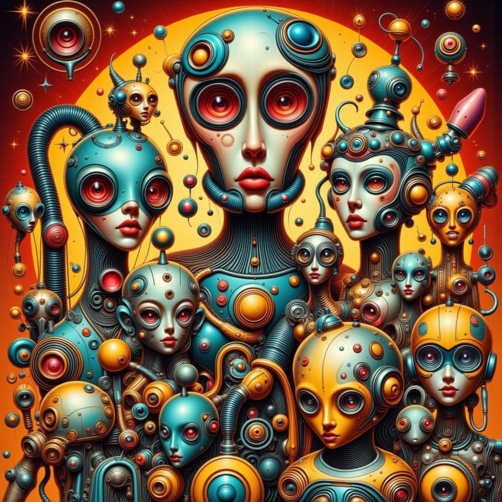 Retro Futuristic Robot Family Portrait in Whimsical Nouveau ...