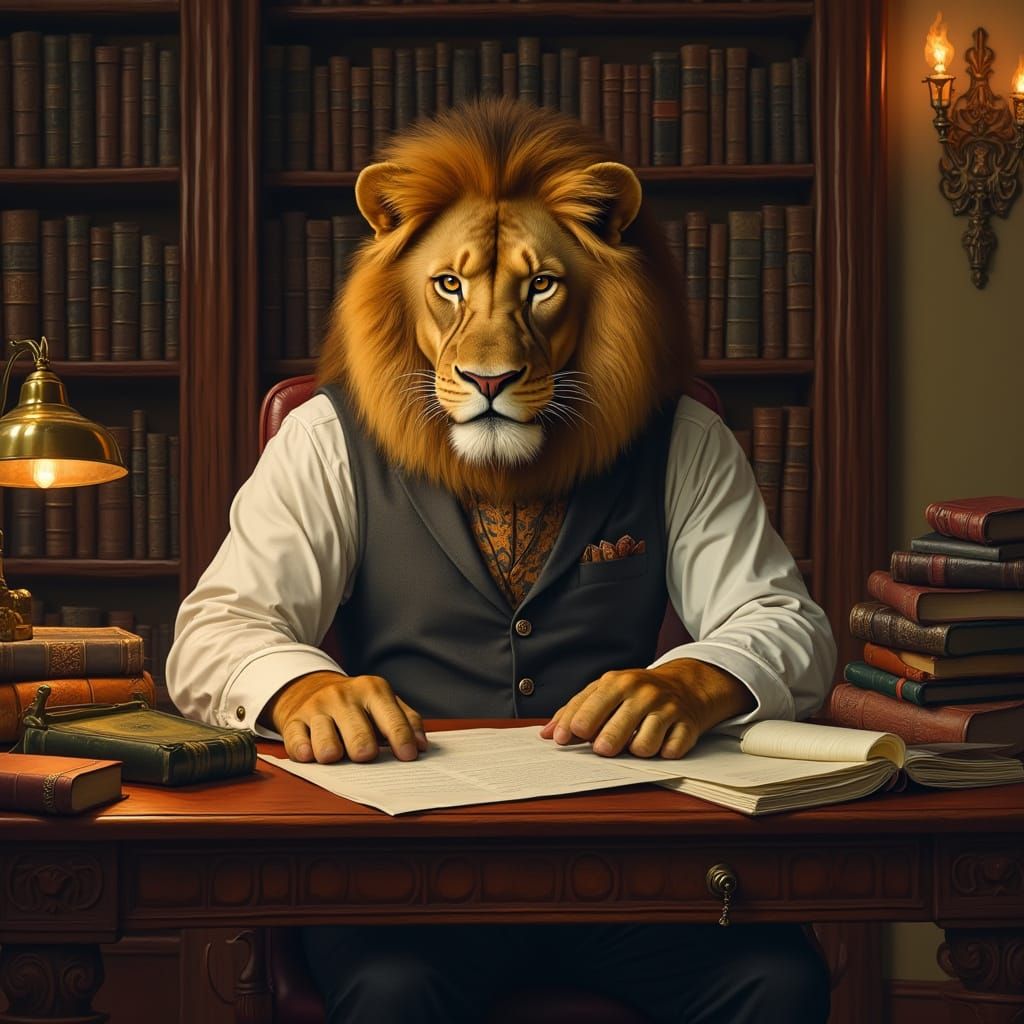 Lioness CEO in Firelit Library, Rembrandt Inspired