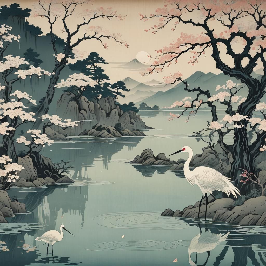 Ukiyo-e Crane in Lake with Double Exposure Effect