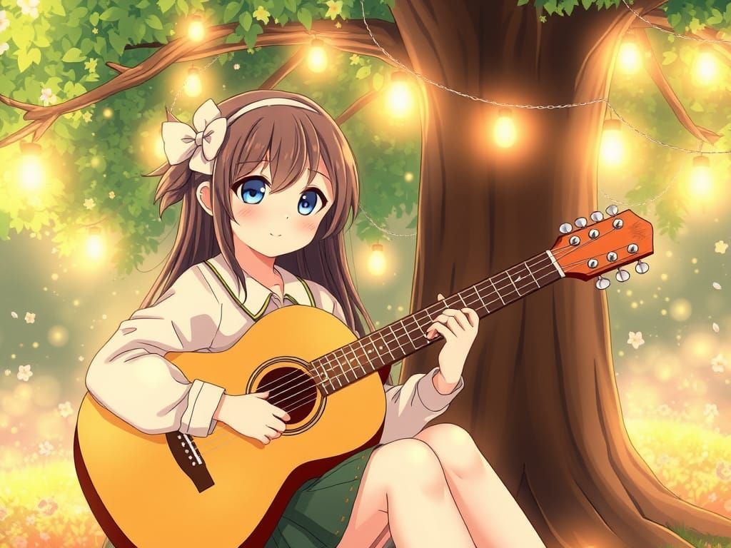 Cute Girl with Guitar in Cozy Tree - Anime Style