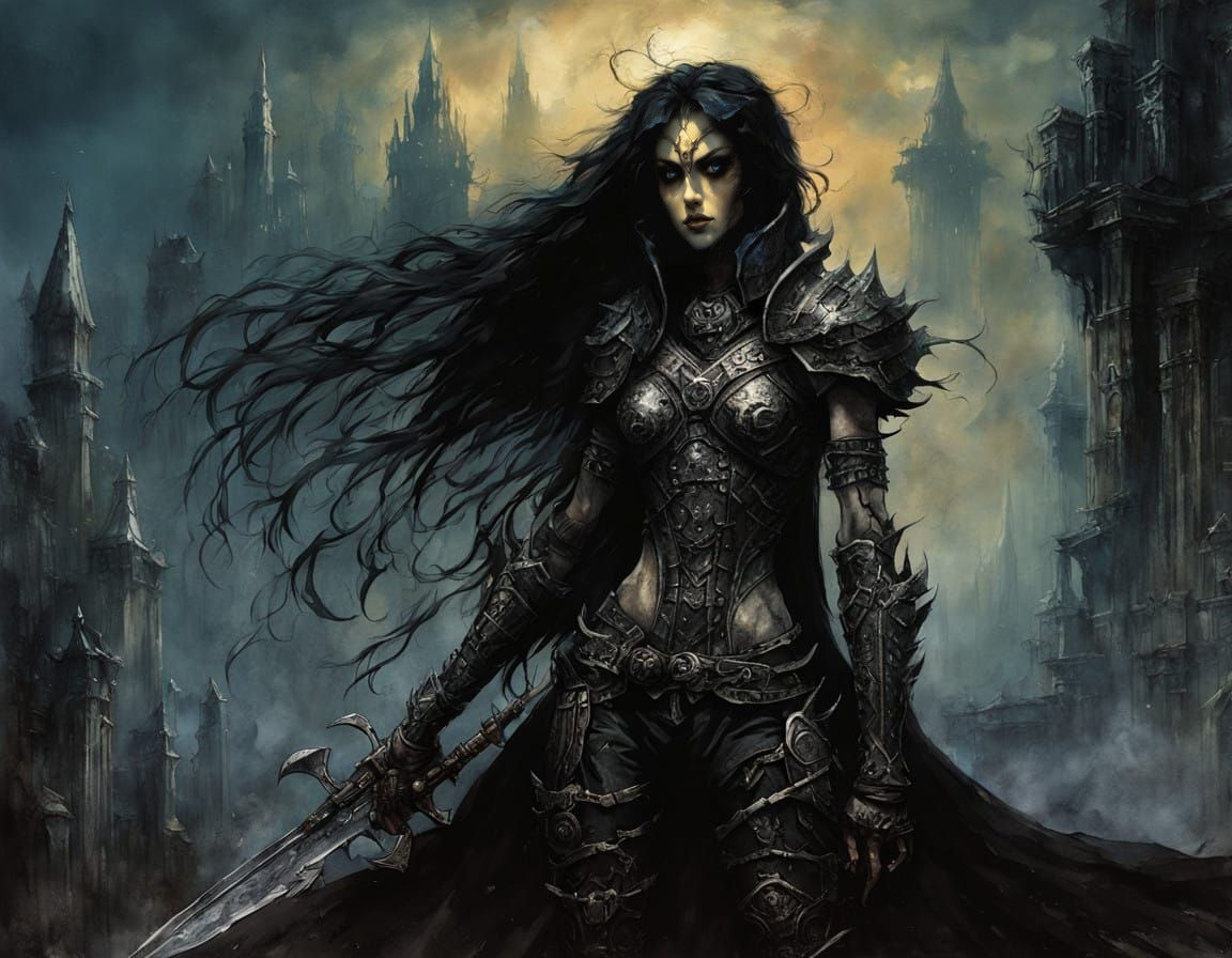 Dark Fantasy Warrior in Ruined Apocalypse