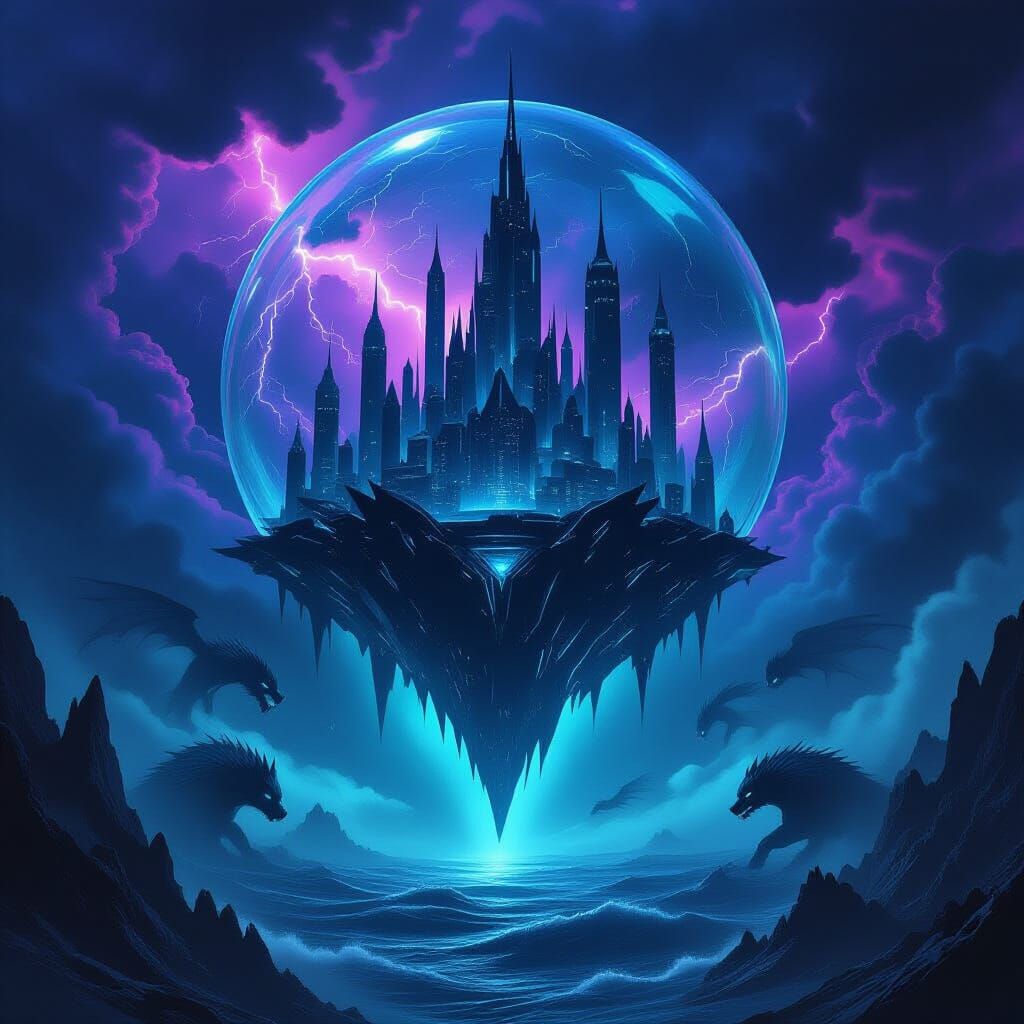 Ominous Fantasy City in Bubble Above Dark Ocean