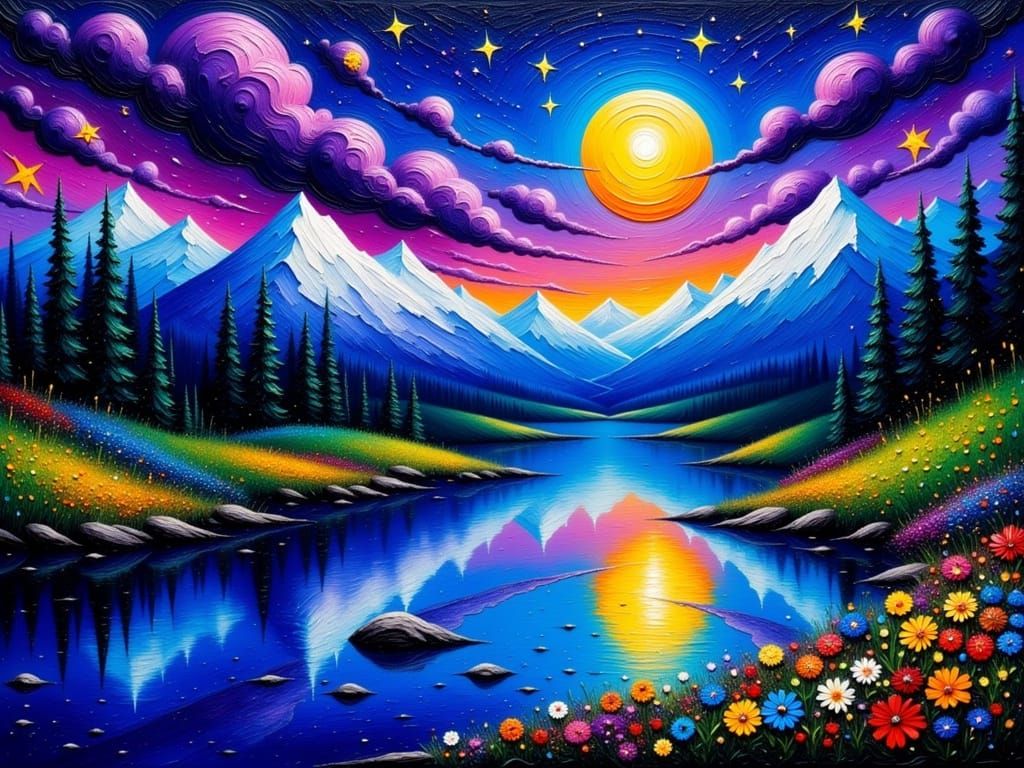 Impasto River Reflects Moonlit Starry Sky