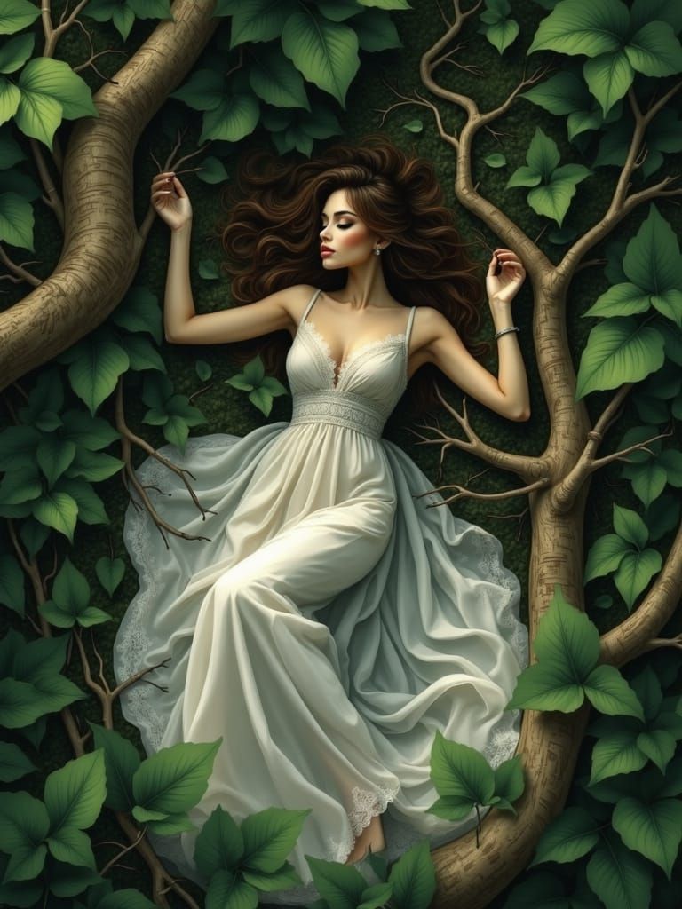 Woman Blends with Nature in Maximalist Ink Drawing