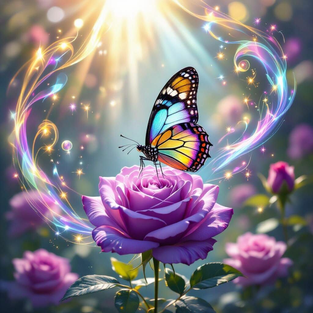 Iridescent Butterfly on Purple Rose in Luminous Garden