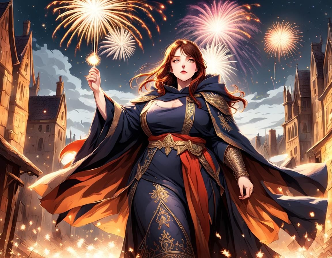 Fantasy Wizard Celebrates with Fireworks Under Moon