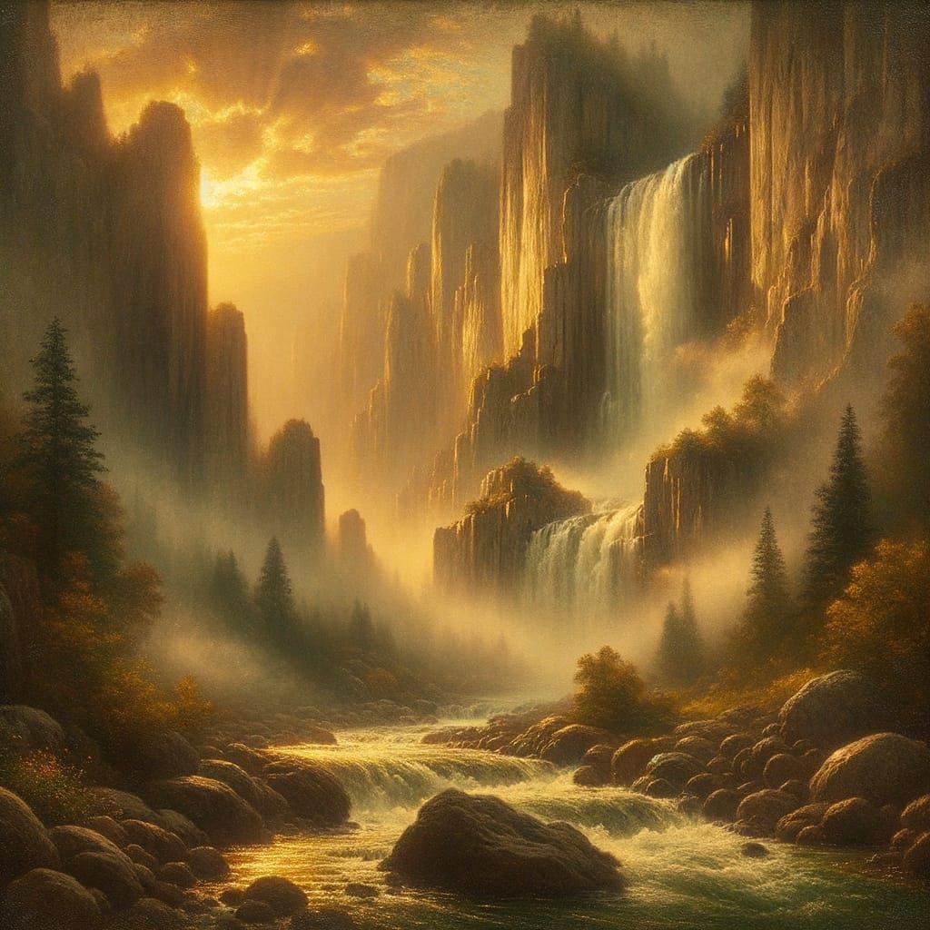 Romantic Oil Painting of a Foggy Valley at Sunrise