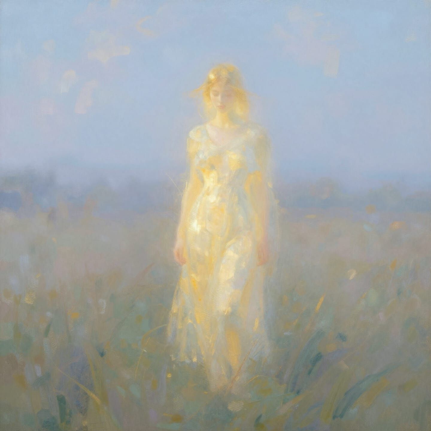 Ethereal Golden Figure in Dreamlike Pastel Landscape