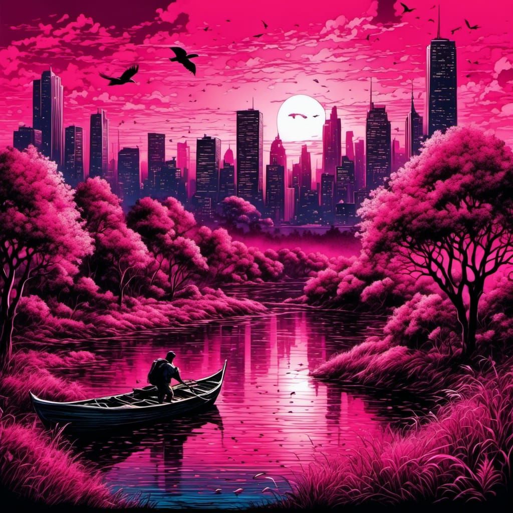 Hot Pink Cityscape: Watercolor Silhouette with Towering Sun
