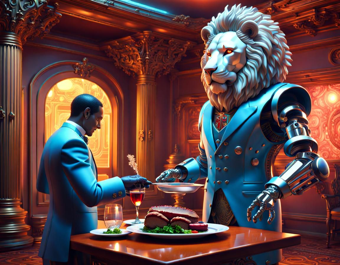 Android Butler Serves Lion in Sci-Fi Setting