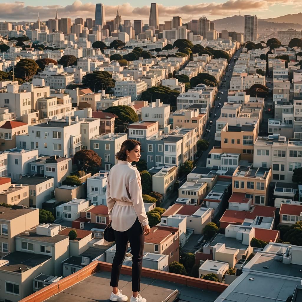 San Francisco Sunset: Sleek Outfit, Cinematic Still