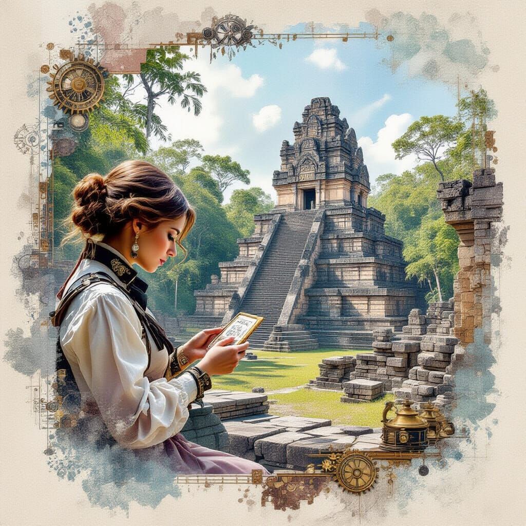 Steampunk Archaeologist in Mayan Ruins Collage