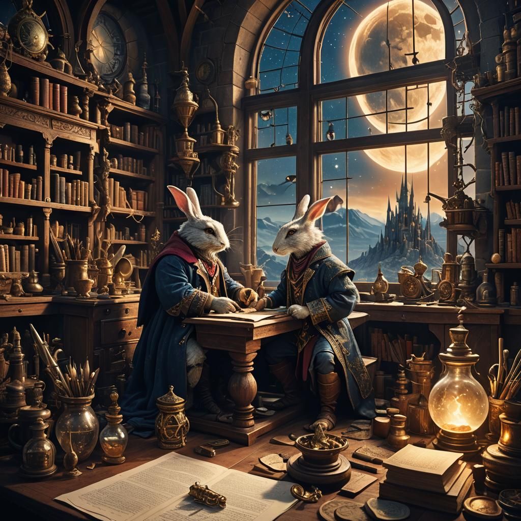 Rabbit Alchemist in Tower at Night, Digital Painting