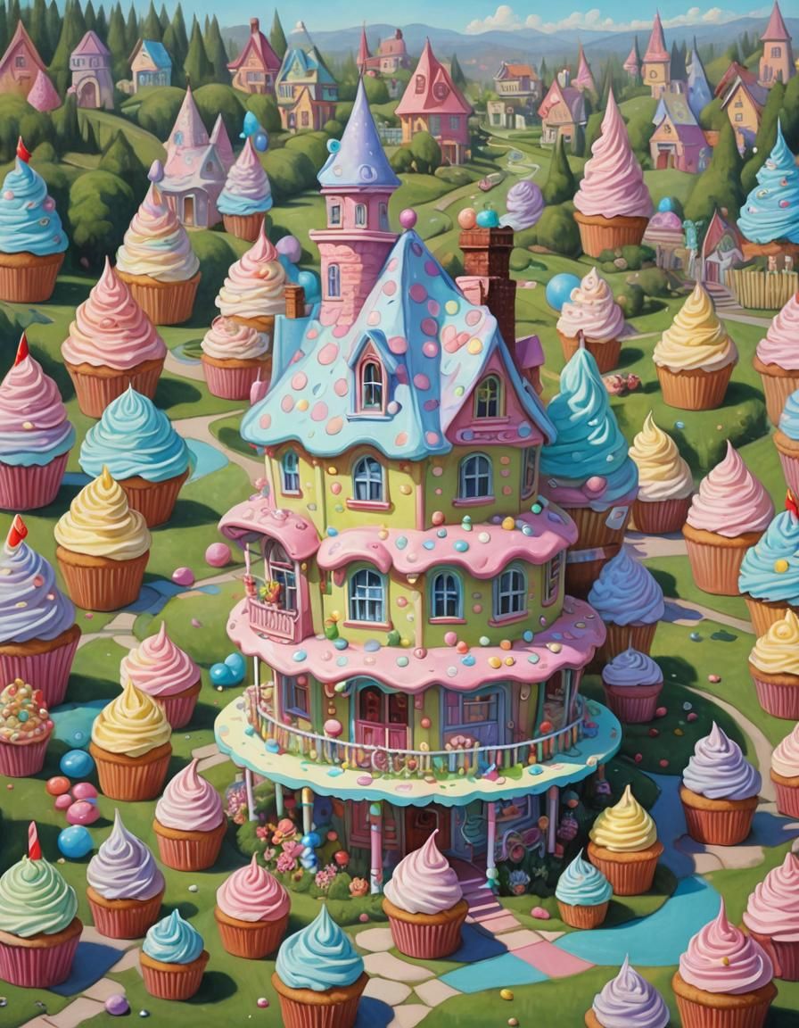 Cupcake Candyland House as Oil Painting
