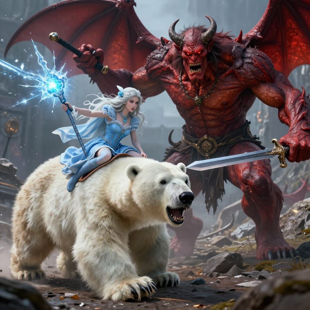 Sorcress on Polar Bear Fights Demon King