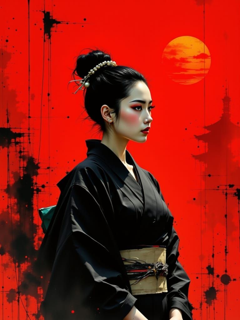 Neo-Noir Portrait in Vibrant Red, Elegant Woman in Black Kim...