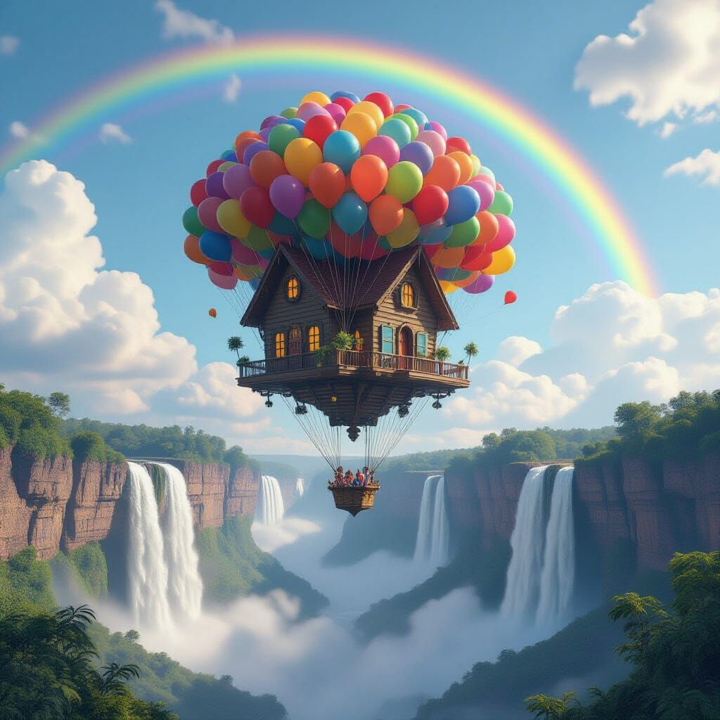 Flying House Above Angel Falls in 3D Style