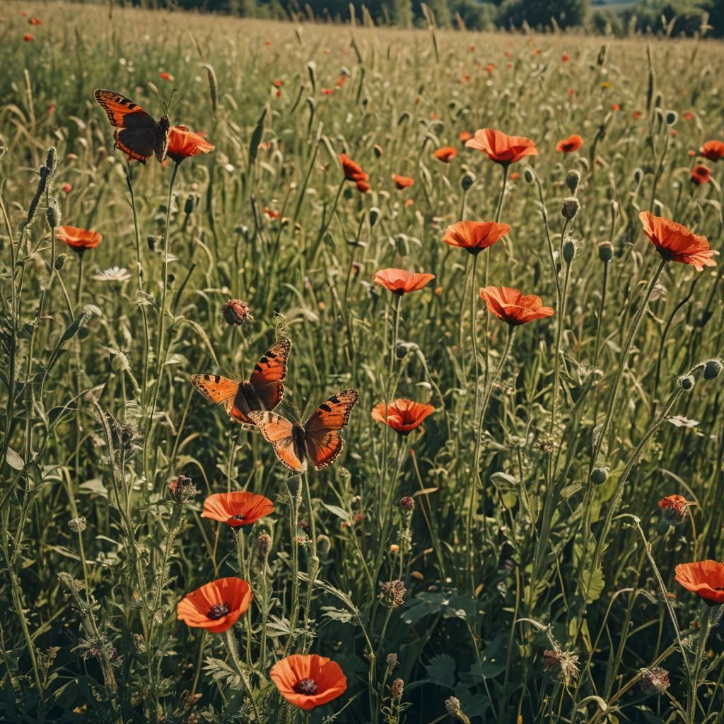 Fairies Ride Butterflies in Sunny Poppy Meadow