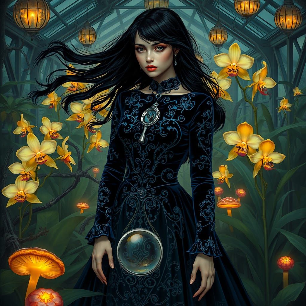 Gothic Woman in Luminous Greenhouse, Dark Fantasy Style