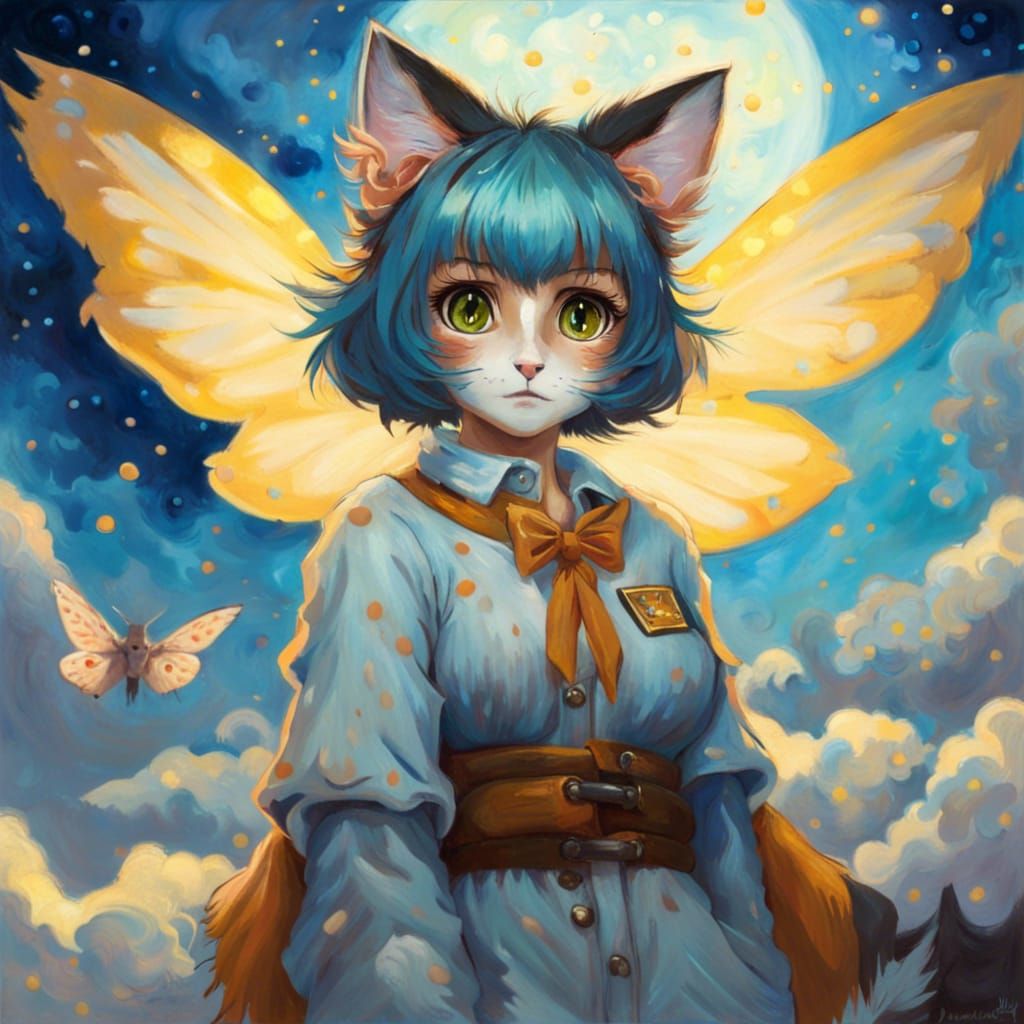 Anime Cat Girl with Wings in Van Gogh Style
