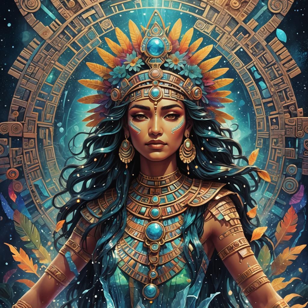 Chalchiuhtlicue: Aztec Water Goddess in Holographic Illustra...