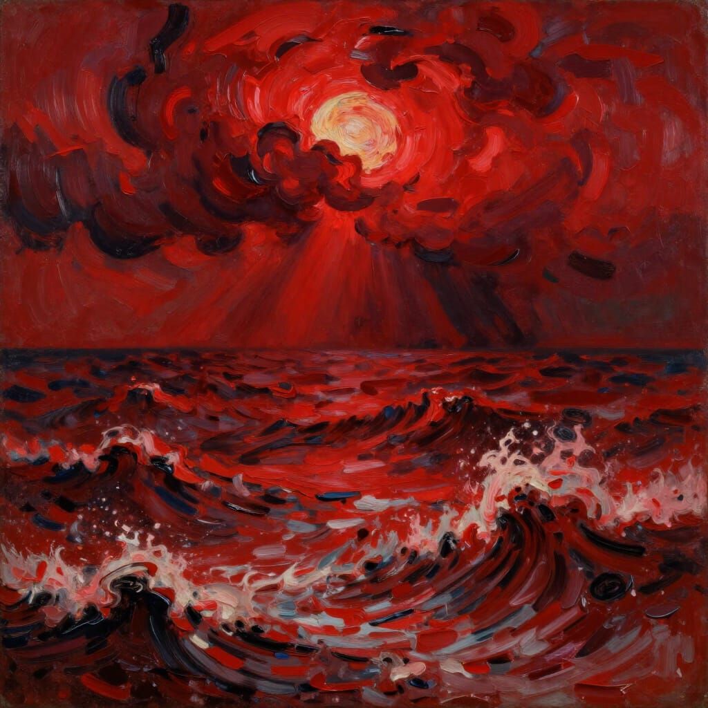 Expressionist Red Storm at Sea Painting