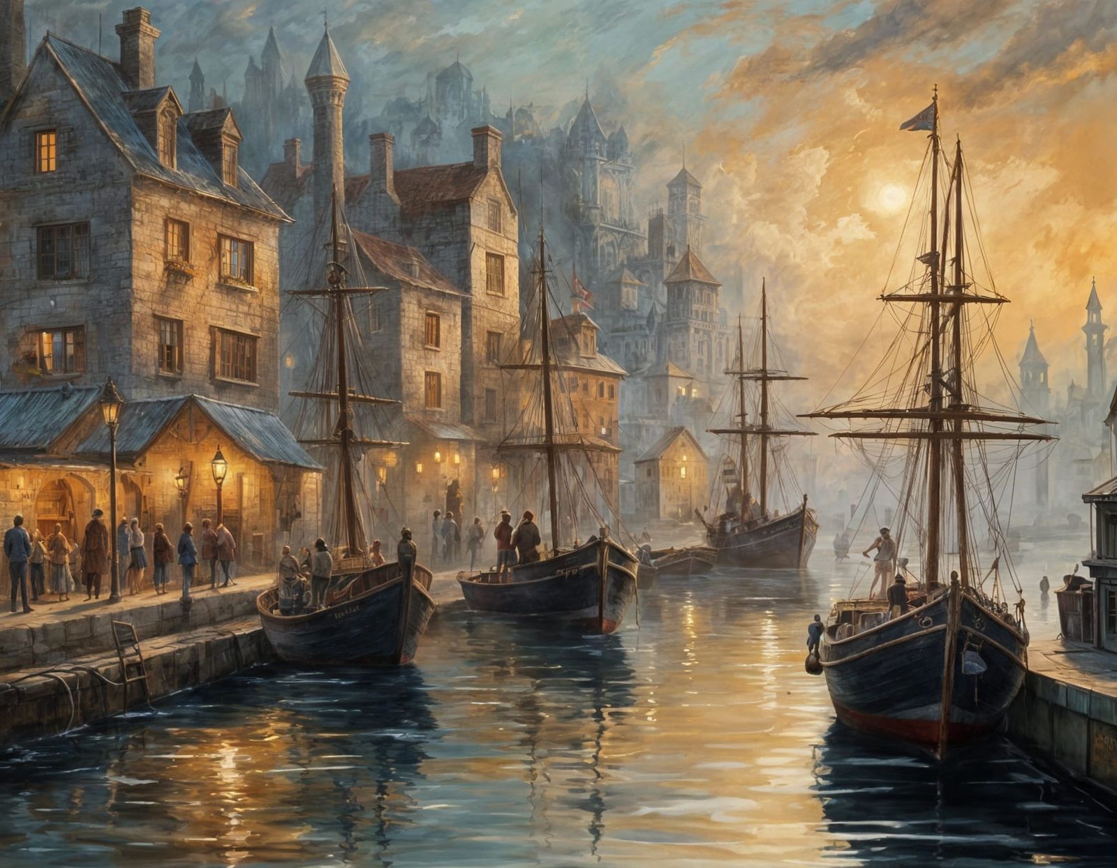 Ancient Harbor in Atmospheric Mist: Fantasy Oil Painting