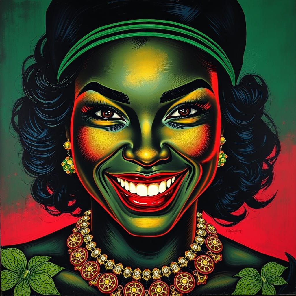 Mysterious Green Lady with Enchanting Neon Smile
