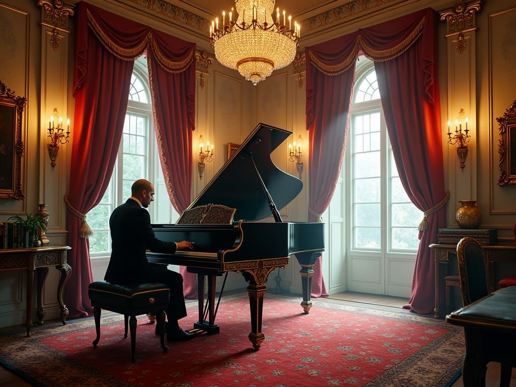 Ornate Room with Piano Player in Fantasy Style