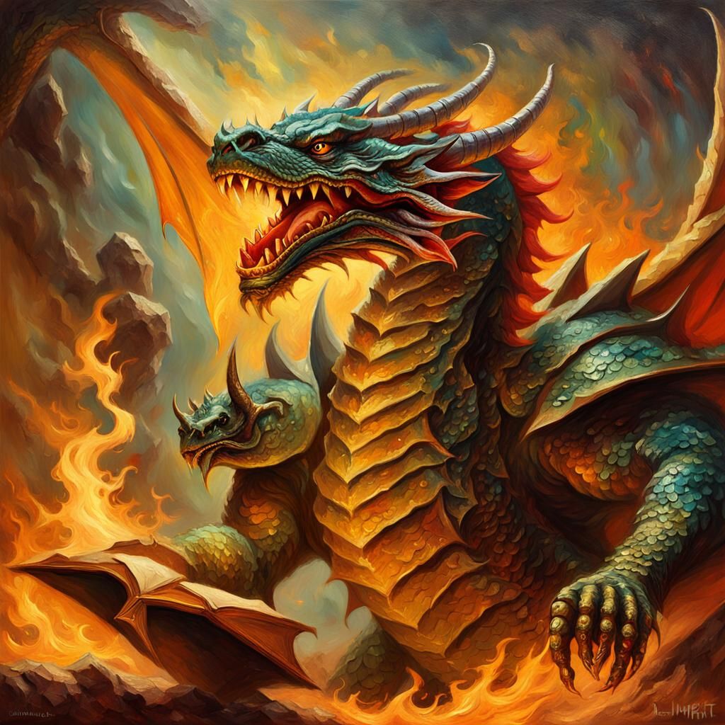 Dragon Confronts Priest in Frazetta-Style Oil Painting