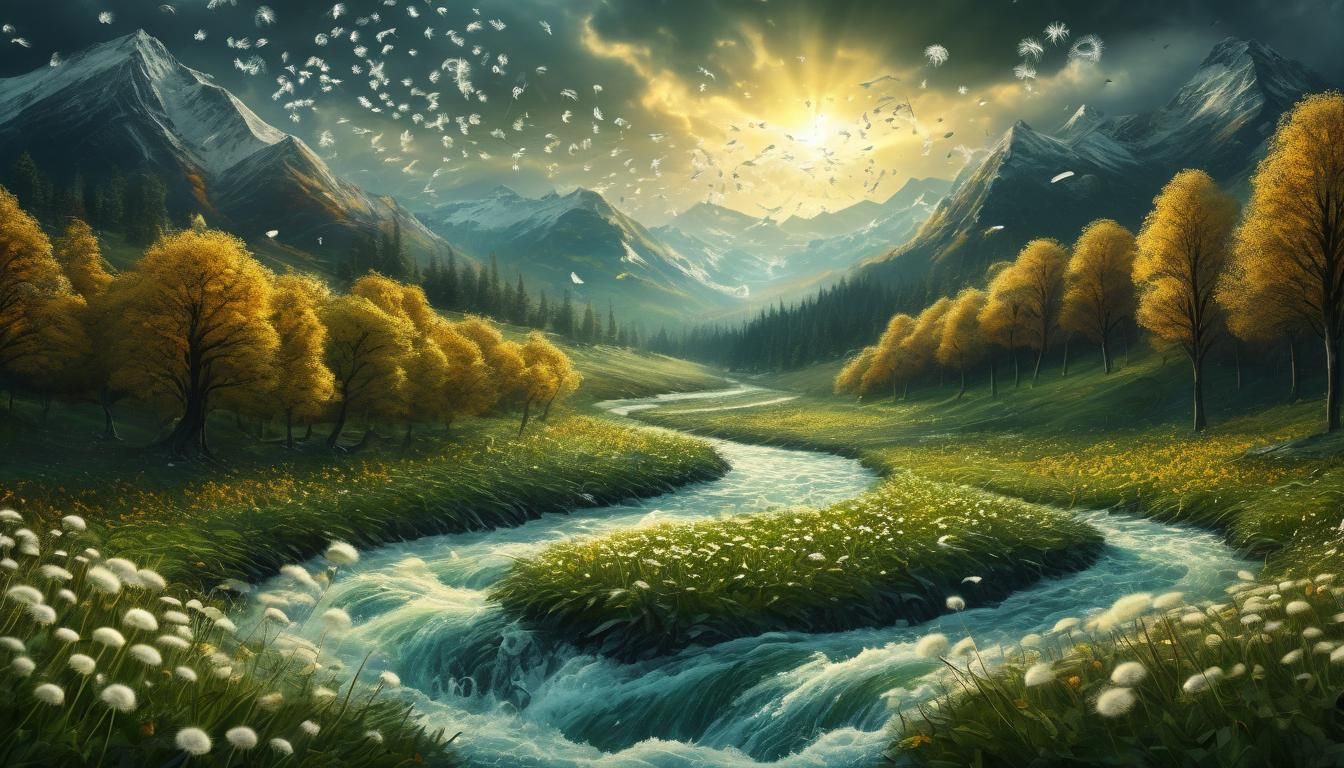 Stormy Autumn Forest with Dandelion Petals