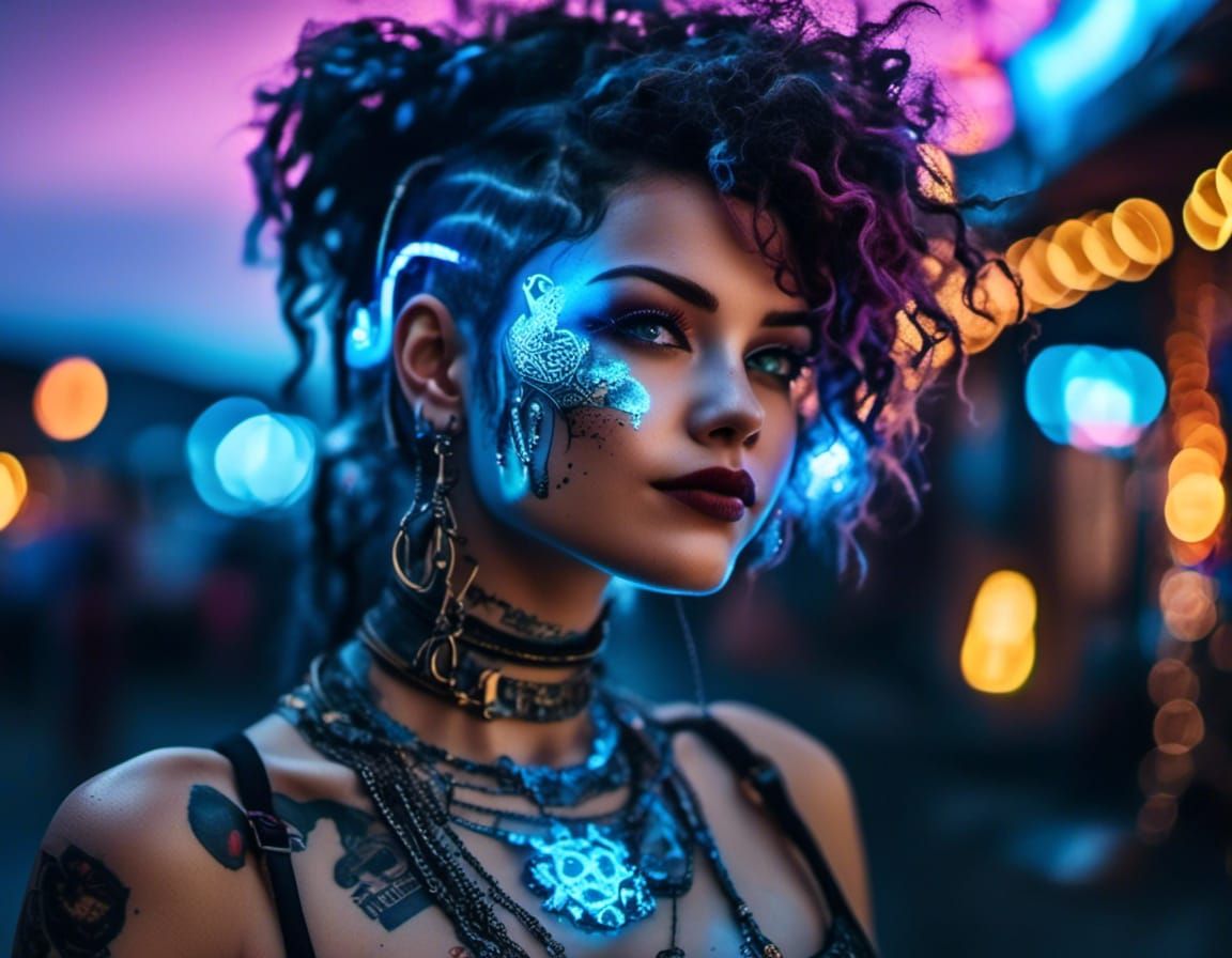 Cyberpunk Cyborg with Bioluminescent Tattoos in Wasteland