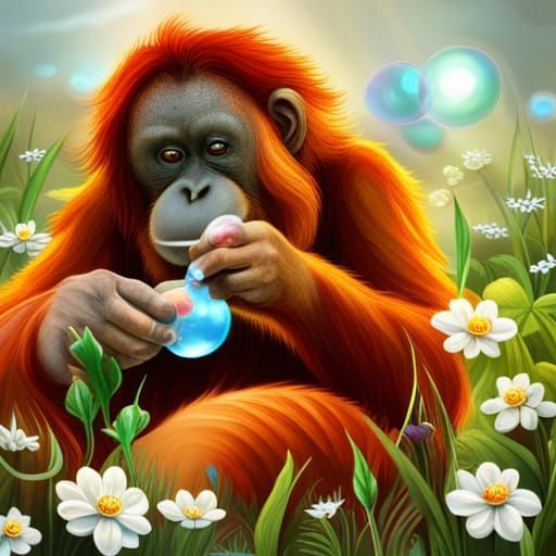 Cute Orangutan Blowing Bubbles in Flower Field