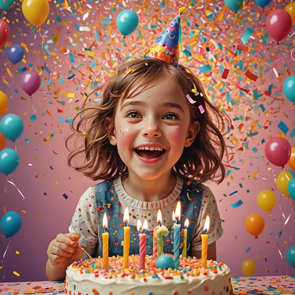 Girl's Joyful Birthday Celebration in Klee-Inspired Art