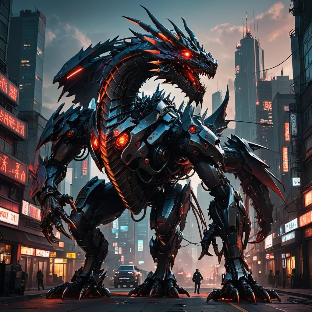 Cyberpunk Dragon Mech in Ominous Cityscape