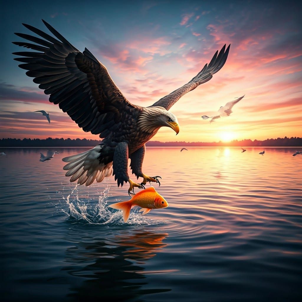 Eagle Dives to Catch Goldfish in Sunset Lake Scene