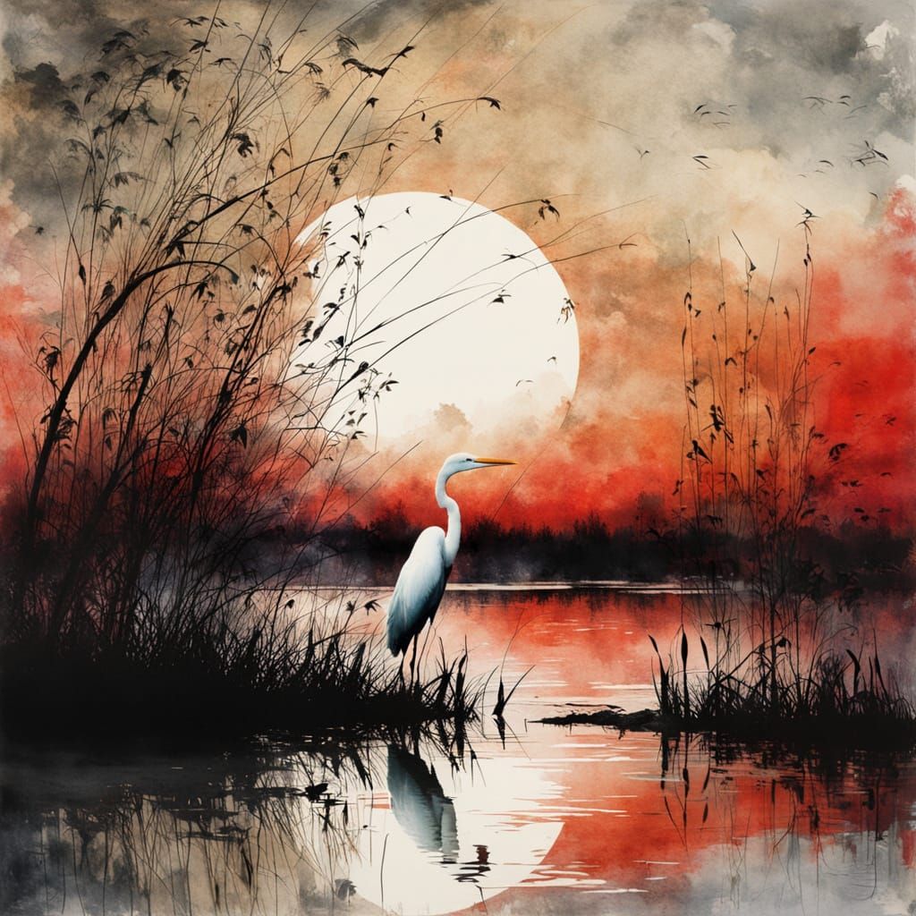wild pond with reeds and a white egret in winter at sunrise