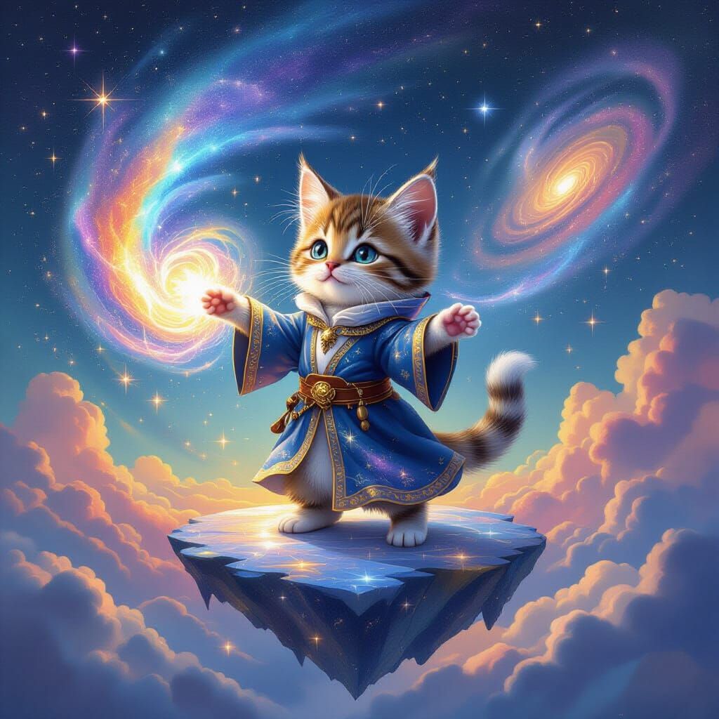 Cosmic Kitten Sorcerer Conjuring Stardust and Nebulae